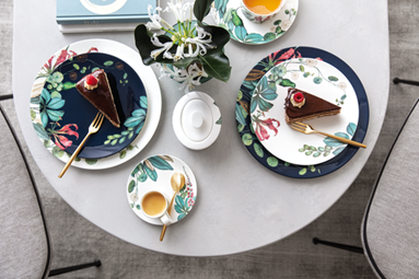 Villeroy & Boch. Birds eye view of porcelain flowery dining set on white table